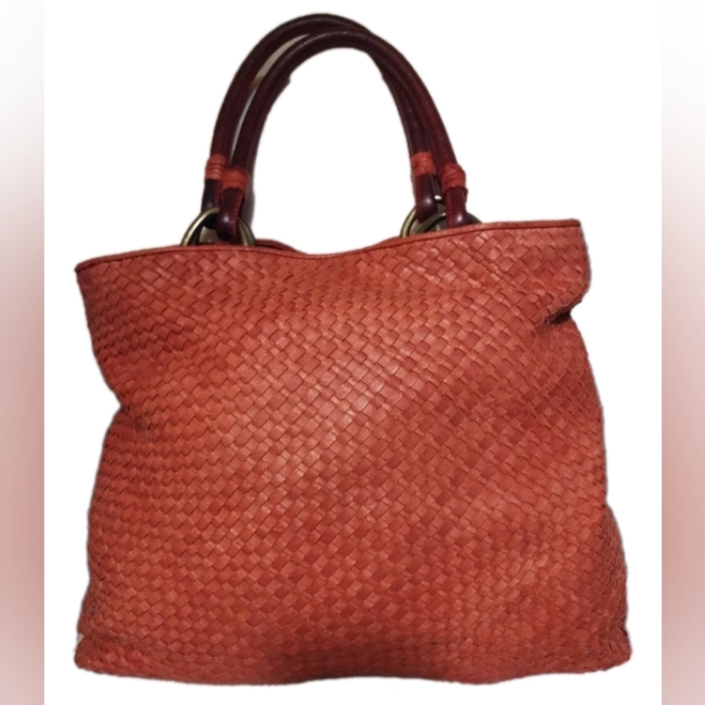 Elliott Lucca Genuine PIG Leather Orange Weaved Large Hobo Handbag - Picture 2 of 13